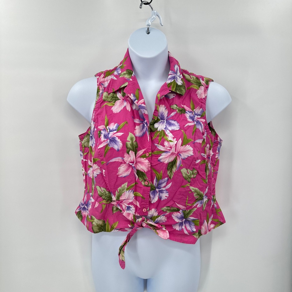 Tropical‎ Pink Floral Sleeveless Tie Front Top 1X Plus Size Hawaiian Resort